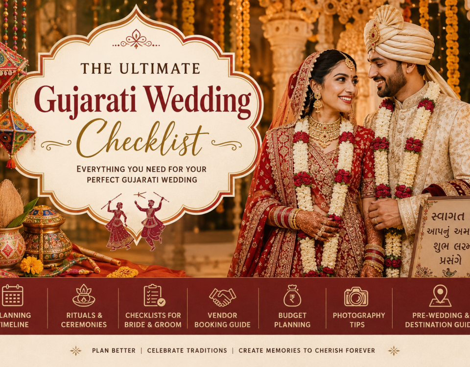 Gujarati weddings are known for their colorful traditions, emotional rituals, grand celebrations, delicious food, and unforgettable family moments. From luxurious destination weddings to intimate home ceremonies, every Gujarati wedding is filled with energy, culture, and emotions that deserve careful planning and beautiful memories. Planning a wedding can quickly become overwhelming without the right structure. Between booking venues, selecting outfits, organizing ceremonies, managing guests, and coordinating vendors, couples and families often miss important details. That is why having a complete Gujarati wedding checklist becomes essential. At TK Solanki Photography, Wedding Photography Brand in Ahmedabad, Gujarat , we have captured countless weddings across Gujarat and India. Through our experience in wedding photography and filmmaking, we have seen what truly makes a wedding smooth, stress-free, and memorable. This detailed Gujarati wedding checklist guide covers everything you need to plan your dream wedding successfully. Download Gujarati Checklist PDFPanning, Budgeting, Rituals, Outfits, Photography. This guide is ideal for: Gujarati couples planning their wedding Families organizing traditional Gujarati ceremonies Destination wedding couples Luxury wedding planners Brides and grooms preparing for their big day Couples searching for wedding photography inspiration Families planning pre-wedding and wedding events in Gujarat Whether you are planning a royal wedding in Udaipur, a beach wedding in Diu, or a grand Gujarati wedding in Ahmedabad, this guide will help you stay organized from beginning to end. Complete Gujarati Wedding Timeline Checklist 12 to 9 Months Before the Wedding This is the foundation stage of your wedding planning journey. Fix Your Wedding Budget Your budget decides almost everything: Wedding venue Photography Decorations Guest count Catering Outfits Entertainment Destination planning Separate your budget category-wise: Venue and décor Photography and videography Food and catering Bride and groom outfits Jewellery Guest accommodation Makeup and styling Entertainment Invitations Transportation Always keep 10–15% extra for emergency expenses. Finalize Wedding Dates Consult your family pandit and finalize: Engagement date Mehendi Garba night Haldi ceremony Wedding ceremony Reception Gujarati wedding dates during the winter season get booked very quickly, especially premium venues and wedding photographers. Book the Wedding Venue Popular Gujarati wedding venue options include: Luxury resorts Banquet halls Farmhouses Heritage palaces Destination wedding resorts Beach properties Garden venues Important things to check: Guest capacity Parking Rooms availability Decoration restrictions Catering policies Backup for rain Vendor accessibility Book Your Wedding Photographer Early Wedding photography is one of the most important investments in your wedding because photos and films are the only memories that remain forever. Professional wedding photographers help capture: Emotional moments Bride and groom portraits Family emotions Wedding rituals Candid moments Cinematic wedding films Drone wedding shots Couple chemistry At TK Solanki Photography, Wedding Photography Brand in Ahmedabad, Gujarat" we specialize in: Gujarati wedding photography Cinematic wedding films Luxury wedding shoots Destination wedding photography Candid photography Pre-wedding shoots Couple portraits Traditional wedding coverage Booking your wedding photographer 8–12 months in advance is highly recommended. Prepare the Guest List Create separate categories: Close family Relatives Friends Business guests VIP guests Bride side guests Groom side guests This helps with: Invitation planning Food arrangements Accommodation management Seating arrangements Budget planning 8 to 6 Months Before the Wedding Plan Your Pre-Wedding Shoot Pre-wedding shoots have become an important part of modern Gujarati weddings. A professionally planned pre-wedding shoot helps couples: Build comfort in front of the camera Create cinematic memories Tell their love story creatively Use photos for invitations and social media Create wedding teaser videos Best Pre-Wedding Shoot Locations in Gujarat Ahmedabad Sabarmati Riverfront Adalaj Stepwell Heritage Pol houses Thol Lake Green resorts Diu Diu Fort Nagoa Beach Rocky coastlines Portuguese architecture Goa Beaches Churches Luxury resorts Tropical roads Udaipur City Palace Lake Pichola Heritage hotels Royal architecture Kutch White Desert Sunset landscapes Cultural themes Book Makeup Artists and Mehendi Artists Bridal makeup should complement: Skin tone Outfit colors Jewellery Lighting conditions Wedding theme Always do a trial session before final booking. Start Shopping for Wedding Outfits Gujarati weddings involve multiple outfit changes. Bride Outfit Checklist Engagement lehenga Mehendi outfit Garba outfit Haldi outfit Wedding lehenga or Panetar saree Reception gown or saree Nightwear and post-wedding outfits Groom Outfit Checklist Engagement suit Mehendi kurta Garba outfit Haldi outfit Wedding sherwani Reception tuxedo Finalize Wedding Theme and Décor Popular Gujarati wedding themes include: Royal Rajwadi weddings Floral luxury weddings Minimal pastel weddings Traditional Gujarati themes Modern luxury weddings Beach weddings Heritage palace weddings 5 to 3 Months Before the Wedding Finalize Catering and Menu Gujarati weddings are incomplete without incredible food. Popular wedding food counters include: Gujarati snacks Live chaat counters Kathiyawadi food Punjabi dishes South Indian food Chinese counters Italian live pasta Mocktail bars Dessert counters Ice cream stations Midnight snacks Important Catering Tips Include Jain food options Keep separate counters for senior citizens Plan enough water stations Arrange hygienic serving systems Ensure crowd flow management Plan Entertainment and Sangeet Entertainment creates unforgettable wedding energy. Options include: Celebrity DJ Live singers Garba performers Dhol artists LED dance floors Fireworks entry Cold pyros Couple entry effects Book Accommodation for Guests Important for destination weddings and large Gujarati families. Arrange: Hotel bookings Welcome kits Transportation schedules Room allocations Emergency contact support 2 Months Before the Wedding Send Wedding Invitations Modern couples use: Printed invitations Digital invitations Wedding websites WhatsApp invites Save-the-date videos Create Wedding Event Timelines Prepare detailed schedules for: Makeup timing Baraat timing Bride entry Ceremony timing Couple shoot Dinner opening Reception flow This is extremely important for photography planning. Finalize Wedding Photography Shot List Important wedding moments include: Bridal makeup details Jewellery close-ups Groom portraits Family reactions Bride entry Varmala Hasta Milap Kanyadaan Pheras Vidaai emotions Couple portraits Professional photographers prepare backup systems, lighting plans, and creative concepts before the wedding day. Gujarati Wedding Ritual Checklist Gujarati weddings involve beautiful traditions that symbolize blessings, family unity, and spiritual bonding. Chandlo Matli Ceremony The formal acceptance ceremony between families. Gol Dhana Traditional engagement ceremony where jaggery and coriander seeds symbolize sweetness and prosperity. Mehendi Ceremony A vibrant function filled with music, dance, and bridal mehendi artistry. Garba Night One of the most energetic Gujarati wedding celebrations featuring traditional dance performances. Haldi Ceremony Turmeric paste is applied to the bride and groom for blessings and purification. Grah Shanti Puja A spiritual ritual seeking positivity and blessings before marriage. Mameru Ceremony Bride’s maternal family blesses the bride with gifts, jewellery, and emotional support. Jaan Arrival The groom’s grand baraat entry filled with music and celebrations. Hasta Milap The symbolic union of the bride and groom. Kanyadaan An emotional ritual where parents bless and give away their daughter. Mangal Pheras Sacred rounds around the holy fire representing marriage vows. Vidaai One of the most emotional moments of the wedding. Complete Bride Checklist Bridal Outfit Essentials Wedding lehenga Reception gown Dupattas Blouse backups Extra stitching kit Fashion tape Jewellery Checklist Necklace sets Earrings Maang tikka Bangles Nath Anklets Rings Kaleere Bridal Beauty Checklist Makeup artist booking Skincare products Hair accessories Contact lenses Perfume Nail appointments Waxing and spa sessions Emergency Bridal Kit Safety pins Compact powder Lipstick Wet wipes Mini perfume Band-aids Medicines Hair spray Complete Groom Checklist Groom Outfit Essentials Sherwani Safa or pagdi Mojdi Reception suit Stoles Pocket squares Brooch Groom Grooming Checklist Haircut Beard grooming Facial Manicure Perfume Skin preparation Groom Emergency Kit Safety pins Extra buttons Tissues Perfume Power bank Comb Wedding Decoration Checklist Mandap Decoration Your mandap becomes the center of wedding rituals and photography. Popular styles: Floral mandap Royal palace mandap Minimal pastel mandap Traditional Gujarati mandap Beach mandap Entrance Decoration Create a strong first impression with: Floral gates LED signage Welcome boards Couple initials Decorative pathways Stage Decoration Your reception stage should complement: Couple outfits Lighting setup Photography requirements Venue aesthetics Wedding Photography Tips for Gujarati Weddings Choose Experienced Wedding Photographers Gujarati weddings move very fast because of multiple rituals and energetic celebrations. An experienced wedding photographer understands: Ritual timings Family emotions Crowd management Lighting conditions Candid moments Cultural traditions Prioritize Candid Photography Real emotions create timeless wedding memories. Candid moments include: Parents getting emotional Bride laughing with bridesmaids Groom reactions Grandparents blessing the couple Fun dance moments Plan Golden Hour Couple Shoots Sunrise and sunset lighting creates magical couple portraits. Invest in Cinematic Wedding Films Wedding films help couples relive emotions through: Slow-motion storytelling Vows and speeches Emotional music Drone footage Creative edits At company, TK Solanki Photography, Wedding Photography Brand in Ahmedabad, Gujarat, we create cinematic wedding stories that feel timeless, emotional, and visually luxurious. Destination Gujarati Wedding Planning Tips Destination weddings require additional planning. Important Destination Wedding Factors Guest travel management Hotel bookings Weather conditions Vendor permissions Local transportation Backup indoor venues Photography permits Best Destination Wedding Locations for Gujarati Couples Udaipur Perfect for royal palace weddings. Goa Ideal for beach weddings and modern celebrations. Diu A beautiful coastal wedding destination with peaceful vibes. Jaipur Known for heritage luxury weddings. Kutch Unique desert wedding experience. Wedding Budget Saving Tips Book Vendors Early Early bookings help secure better pricing. Prioritize Photography and Food Guests remember: Food quality Wedding experience Wedding photos and videos Limit Unnecessary Expenses Avoid overspending on: Excessive giveaways Unused décor sections Unnecessary luxury add-ons Use Digital Invitations Modern digital invites reduce printing costs significantly. Wedding Day Checklist Bride Checklist Outfit ready Jewellery packed Makeup timing confirmed Emergency kit packed Phone charged Groom Checklist Sherwani steamed Safa ready Wallet and essentials packed Baraat timing confirmed Family Checklist Vendor coordination Payment envelopes Guest support Transportation management Photography Checklist Drone permissions Backup batteries Memory cards Timeline coordination Couple shoot slots Post-Wedding Checklist Collect Wedding Photos and Films Organize: Albums Wedding teaser Cinematic film Reels and highlights Raw backups Preserve Wedding Outfits Dry clean and safely store bridal and groom outfits. Send Thank You Messages Appreciate guests, vendors, and family members. Why Couples Choose TK Solanki Photography Your wedding deserves more than just photos. It deserves storytelling that feels emotional, cinematic, and timeless. At TK Solanki Photography, Wedding Photography Brand in Ahmedabad, Gujarat , we focus on capturing authentic emotions and luxurious visual storytelling. Our Wedding Photography Services Wedding Photography Traditional and candid wedding coverage for Gujarati weddings. Cinematic Wedding Films Emotion-driven wedding films with cinematic storytelling. Pre-Wedding Shoots Creative pre-wedding concepts across Gujarat and destination locations. Destination Wedding Photography Luxury destination wedding coverage across India. Couple Portrait Sessions Elegant portraits that feel natural and timeless. What Makes Us Different Professional wedding storytelling Luxury editing style Cinematic visual direction Creative couple posing Fast communication Emotional storytelling approach Experienced wedding team Final Thoughts A Gujarati wedding is not just an event. It is a celebration of emotions, traditions, culture, family, and lifelong memories. Planning every detail carefully helps create a smooth and enjoyable wedding experience for everyone involved. From selecting the perfect venue and outfits to organizing rituals and capturing emotional moments through photography, every element contributes to your wedding story. The right planning checklist ensures that nothing important gets missed. Most importantly, choosing the right wedding photographer allows you to relive these memories forever. If you are searching for professional Gujarati wedding photography, cinematic wedding films, pre-wedding shoots, or destination wedding photography, TK Solanki Photography, Wedding Photography Brand in Ahmedabad, Gujarat would love to be part of your journey. Let your wedding story be captured beautifully, emotionally, and timelessly. Wedding Planning Budget Table Wedding CategoryEstimated Budget RangeWedding Venue₹2,00,000 – ₹15,00,000Wedding Photography & Films₹80,000 – ₹5,00,000Catering₹500 – ₹3,500 Per PlateBridal Outfits₹50,000 – ₹5,00,000Groom Outfits₹20,000 – ₹2,00,000Decoration & Mandap₹1,00,000 – ₹10,00,000Entertainment & DJ₹50,000 – ₹5,00,000Makeup Artists₹15,000 – ₹1,50,000Guest Accommodation₹1,00,000 – ₹20,00,000Transportation₹30,000 – ₹5,00,000 Gujarati Wedding Event Timeline Table Wedding EventIdeal TimingEngagement Ceremony6–12 Months Before WeddingPre-Wedding Shoot3–6 Months Before WeddingMehendi Ceremony1–2 Days Before WeddingGarba Night1–2 Days Before WeddingHaldi Ceremony1 Day Before WeddingWedding CeremonyWedding DayReceptionSame Day or Next DayHoneymoon Planning1–3 Months Before Wedding Gujarati Wedding Photography Checklist Table Photography CoverageImportanceBridal PortraitsEssentialGroom PortraitsEssentialDrone Wedding ShotsHighly RecommendedCouple Portrait SessionEssentialFamily Group PhotosEssentialWedding Teaser FilmRecommendedCinematic Wedding FilmHighly RecommendedReception CoverageEssentialPre-Wedding ShootHighly RecommendedCandid PhotographyEssential Best Pre-Wedding Shoot Locations in Gujarat Table LocationBest ForSabarmati RiverfrontModern Couple ShootsAdalaj StepwellHeritage PhotographyDiu BeachRomantic Beach ShootsWhite Rann of KutchLuxury Desert ShootsPolo ForestNature PhotographySaputaraHill Station Couple ShootsUdaipurRoyal Pre-Wedding ShootsGoaCinematic Beach Shoots Why SEO-Friendly Wedding Content Matters Modern couples search online before booking wedding photographers, wedding venues, decorators, and planners. A well-written wedding blog helps couples understand planning while also helping wedding brands rank higher on Google. This blog is optimized for important wedding photography keywords such as: Wedding photographer in Ahmedabad Gujarati wedding photographer Pre-wedding shoot in Gujarat Destination wedding photographer Cinematic wedding films Luxury wedding photography Wedding checklist guide Gujarati wedding planning Pre-wedding shoot locations in Gujarat Wedding photography in Gujarat At TK Solanki Photography","Wedding Photography Brand in Ahmedabad, Gujarat, we create wedding stories that are emotional, luxurious, and timeless while helping couples preserve their most beautiful memories forever. Final Thoughts A Gujarati wedding is more than a celebration. It is a once-in-a-lifetime experience filled with emotions, rituals, traditions, laughter, and unforgettable family moments. From planning the perfect venue and organizing ceremonies to choosing outfits and capturing emotional memories through cinematic photography, every detail matters. Having a proper Gujarati wedding checklist helps families stay organized while reducing stress throughout the wedding journey. Most importantly, investing in professional wedding photography ensures that your memories remain timeless for generations. Whether you are planning a luxury destination wedding, a traditional Gujarati wedding, or an intimate celebration, the right planning and the right wedding photographer make all the difference. If you are searching for cinematic wedding photography, pre-wedding shoots, candid wedding photography, or destination wedding coverage, TK Solanki Photography, Wedding Photography Brand in Ahmedabad, Gujarat is dedicated to creating wedding memories that feel emotional, luxurious, and timeless. Frequently Asked Questions How much does a Gujarati wedding cost in India? Gujarati wedding costs depend on guest count, venue, décor, photography, and food arrangements. A standard Gujarati wedding can range from ₹5 lakh to ₹1 crore or more for luxury destination weddings. Which is the best season for Gujarati weddings? Winter season from November to February is considered the best for Gujarati weddings because of comfortable weather and beautiful outdoor photography conditions. Why is candid wedding photography important? Candid wedding photography captures real emotions, natural reactions, and genuine moments that traditional posed photos often miss. Which are the best pre-wedding shoot locations near Ahmedabad? Popular locations include Adalaj Stepwell, Sabarmati Riverfront, Polo Forest, Thol Lake, Diu, and heritage resorts across Gujarat. How early should we book a wedding photographer? Professional wedding photographers should ideally be booked 8–12 months before the wedding date, especially during peak wedding season. What services does TK Solanki Photography provide? entity["company","TK Solanki Photography","Wedding Photography Brand in Ahmedabad, Gujarat"] provides: Wedding photography Cinematic wedding films Pre-wedding shoots Destination wedding photography Couple portraits Candid wedding photography Traditional wedding coverage