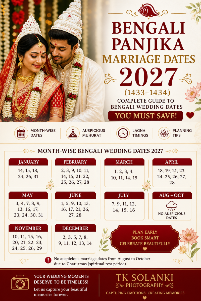 Bengali Panjika Marriage Dates 2027 (1433–1434): Complete Guide to Bengali Wedding Dates You Must Save! Bengali marriage dates 2027
Bengali Panjika wedding dates
Shubho Bibaho dates 2027
Bengali wedding calendar 1433
Best wedding dates 2027 India
Bengali wedding planning guide