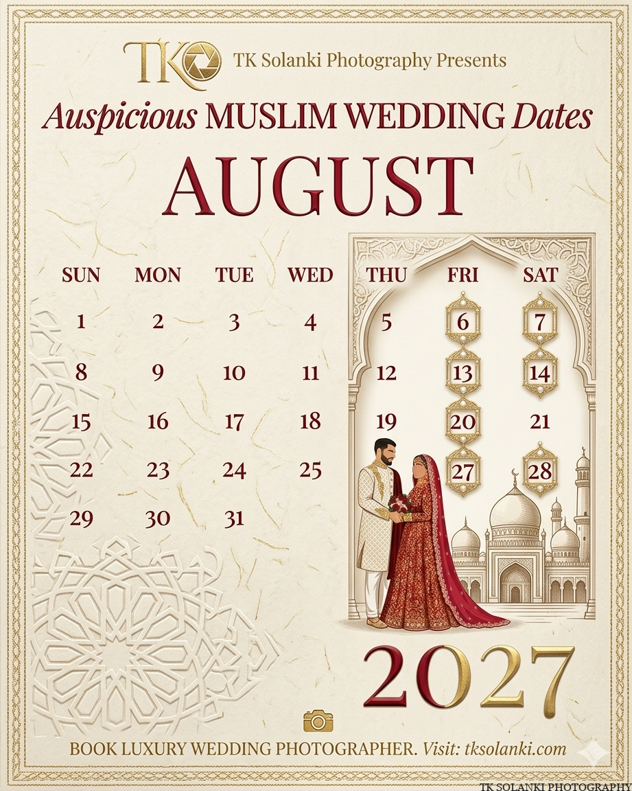 August islamic Wedding Dates in 2027, August Muslim Nikah Shadi Calendar