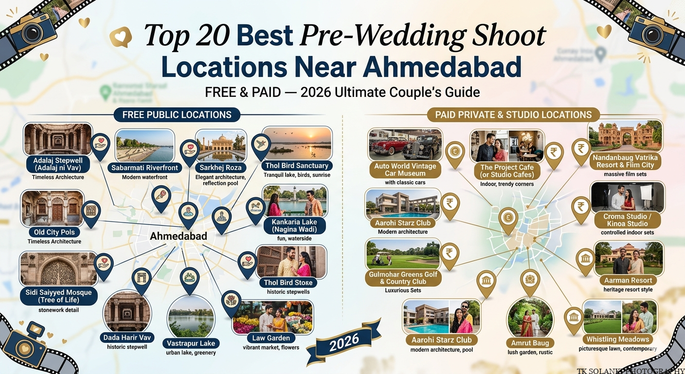 Top 20 Best Pre-Wedding Shoot Locations Near Ahmedabad (FREE & PAID) — 2026 Ultimate Couple’s Guide