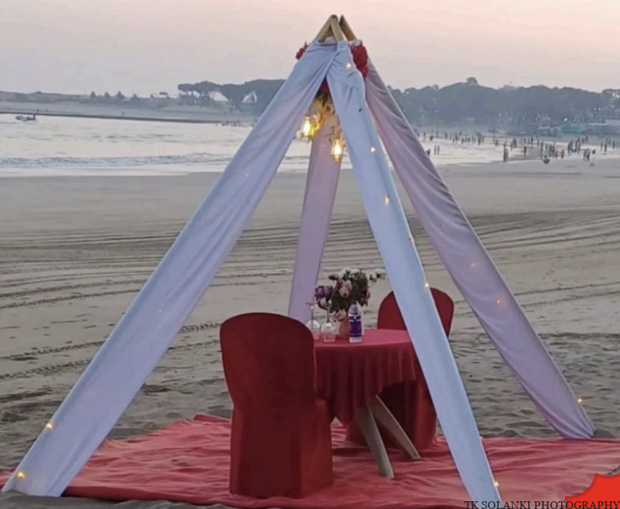 Romantic Pillar Setup in diu beach for Surprise dinners for couple