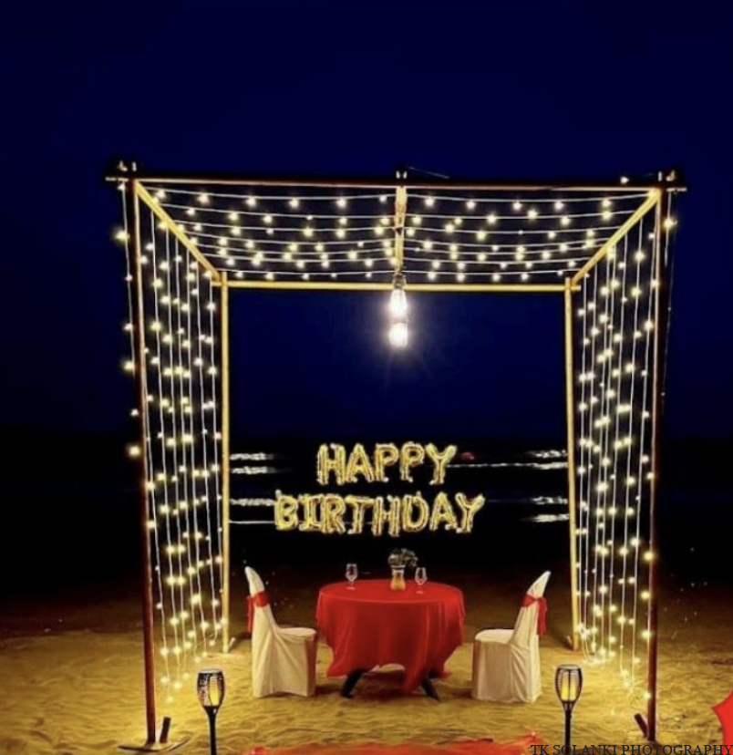 Fairy Light Birthday Setup in diu beach, Romantic birthday surprises for kids, son, children, family and couple